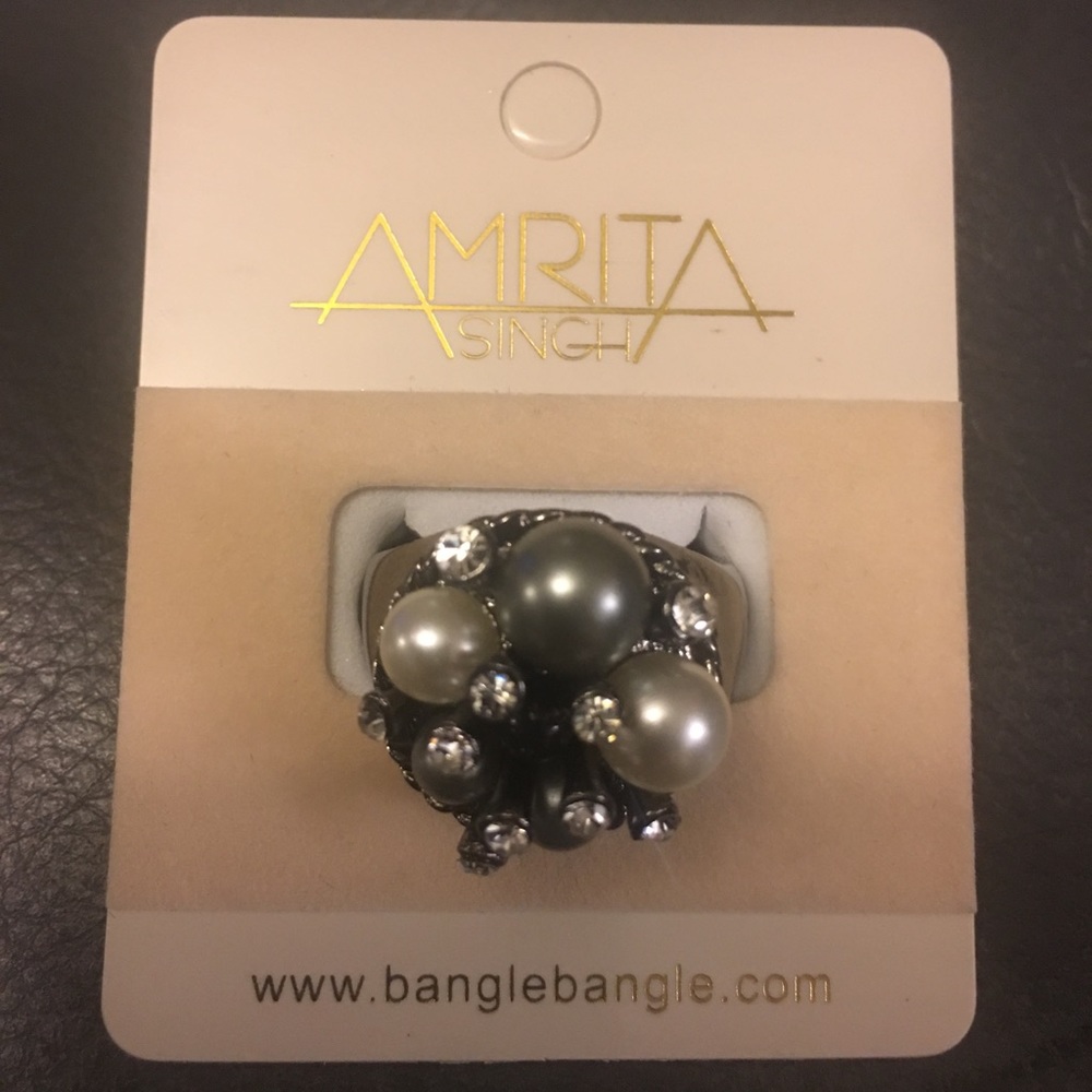 Gunmetal Ring w/ Faux Pearls & Rhinestones